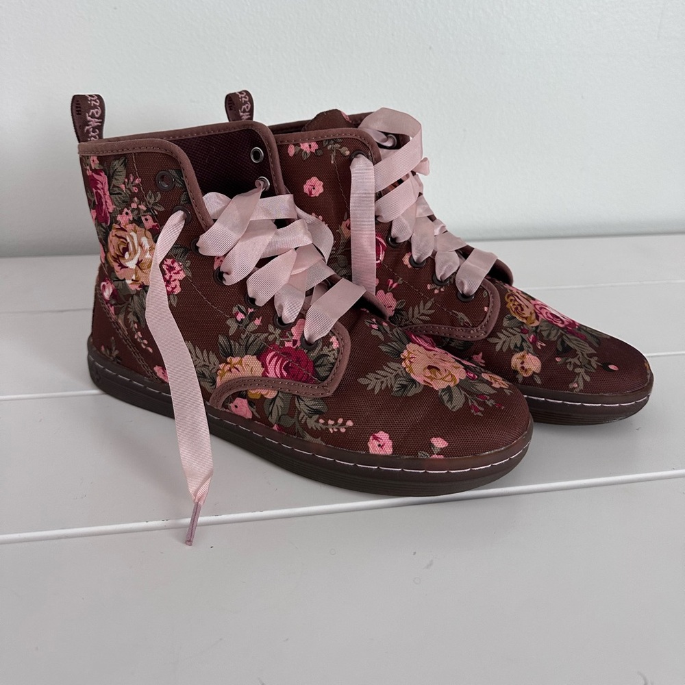 Dr. Martens Brown Floral High-Top Sneakers with Pink Laces